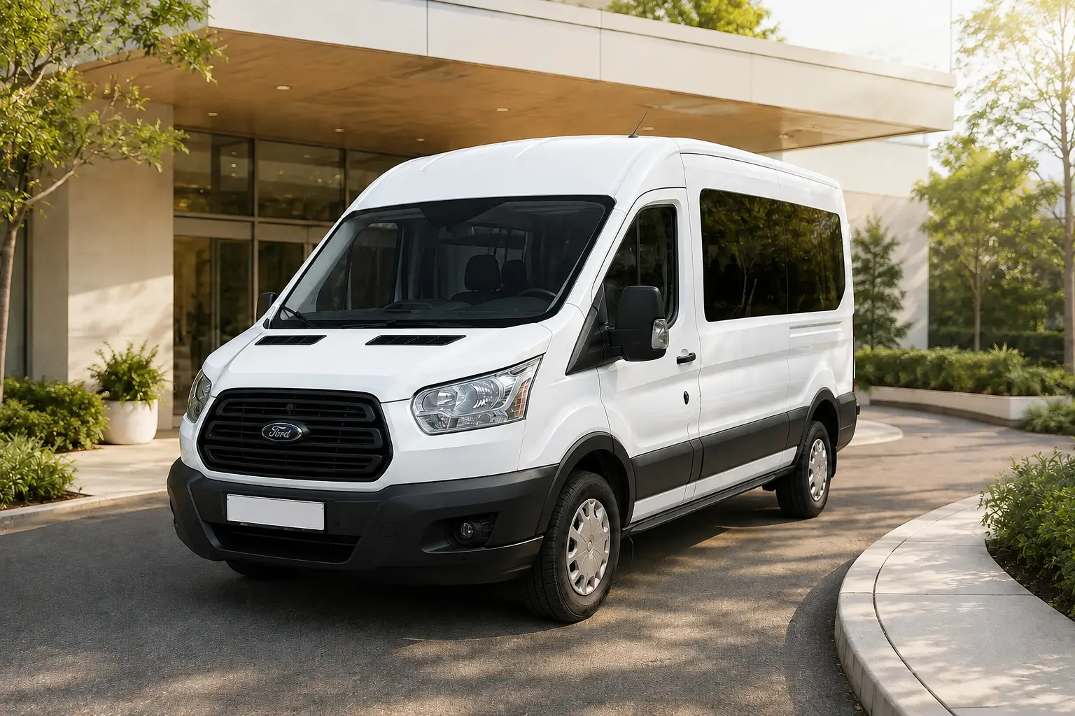 Weißer Ford Transit vor einer medizinischen Einrichtung