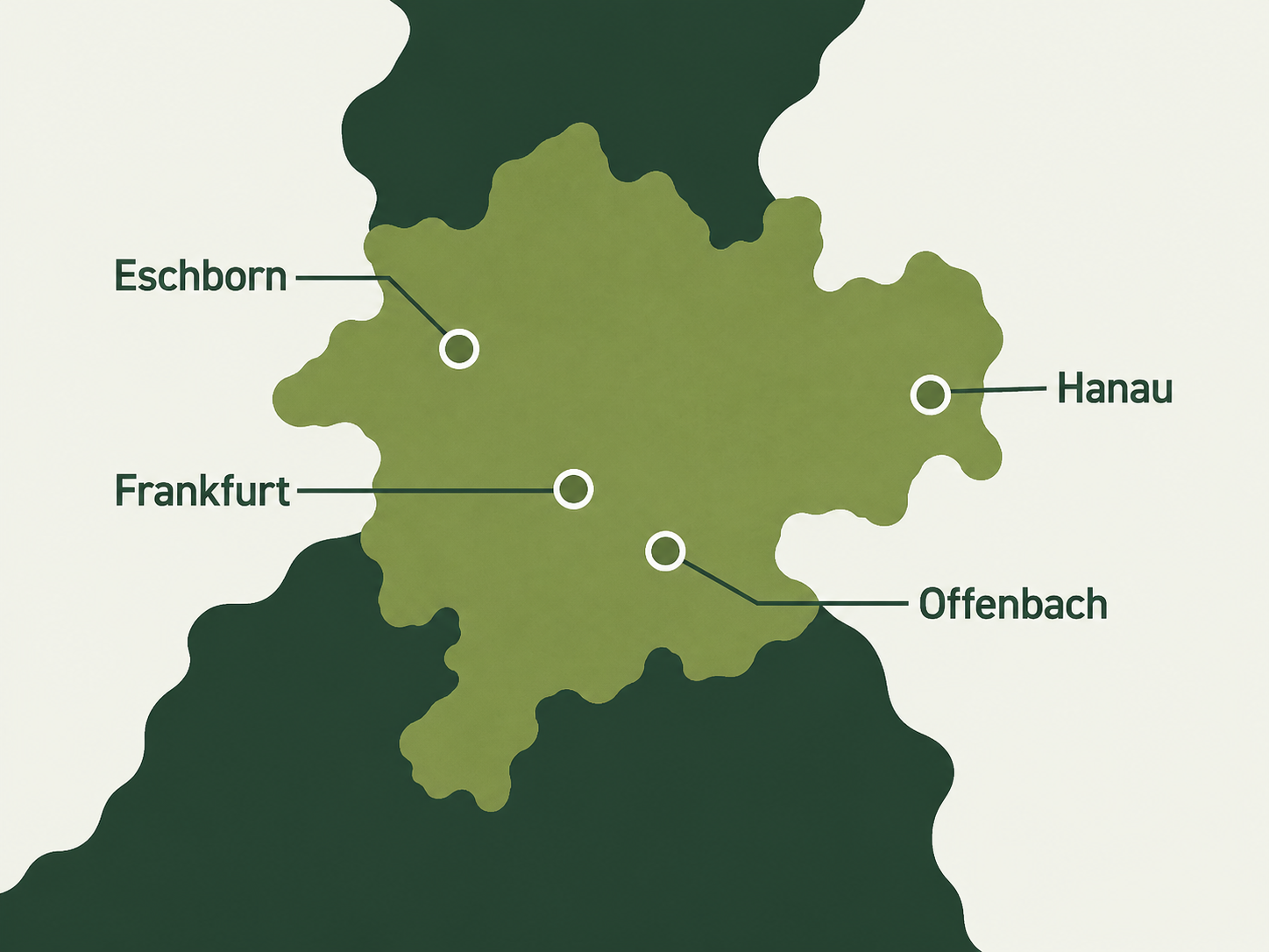 Karte des Rhein-Main-Gebiets mit markierten Standorten Eschborn, Frankfurt, Offenbach und Hanau